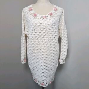VTG Shenanigans Cream Hand Knit Rosette Trim Open Knit Tunic Sweater LG Cottage